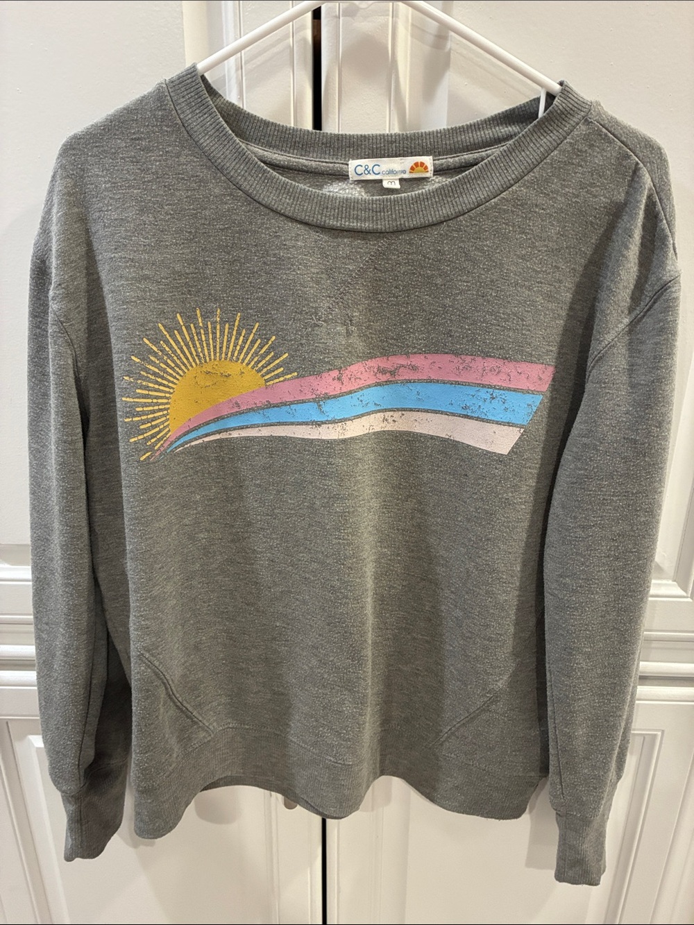 C&C California Gray Crewneck Sweatshirt with Retro Sun Stripe Graphic